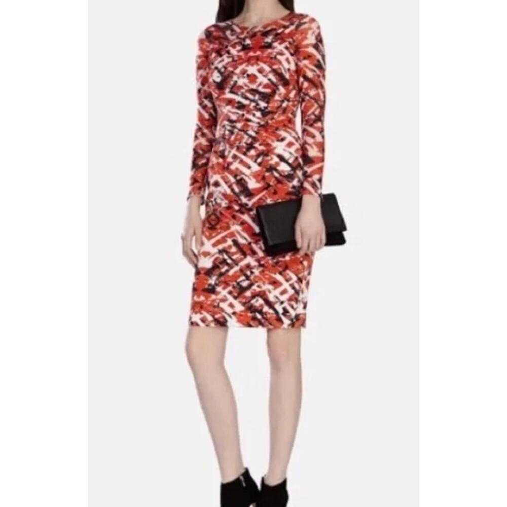 Karen Millen‎ Dress Womens 10 Orange Mesh Abstract Print Long Sleeve Cocktail